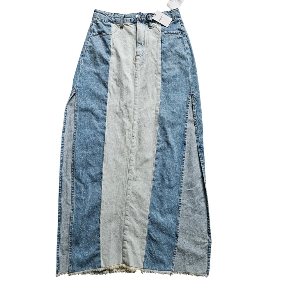 Forever 21 Denim Maxi Skirt Women S Blue 2 Tone Colorblock Side Slit Raw Hem - Picture 2 of 11
